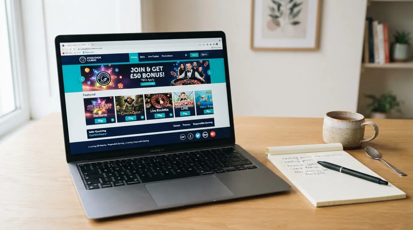 A laptop on a home desk showing a UK online casino comparison page open beside a notepad, with a UK casino comparison page visible in a browser tab list