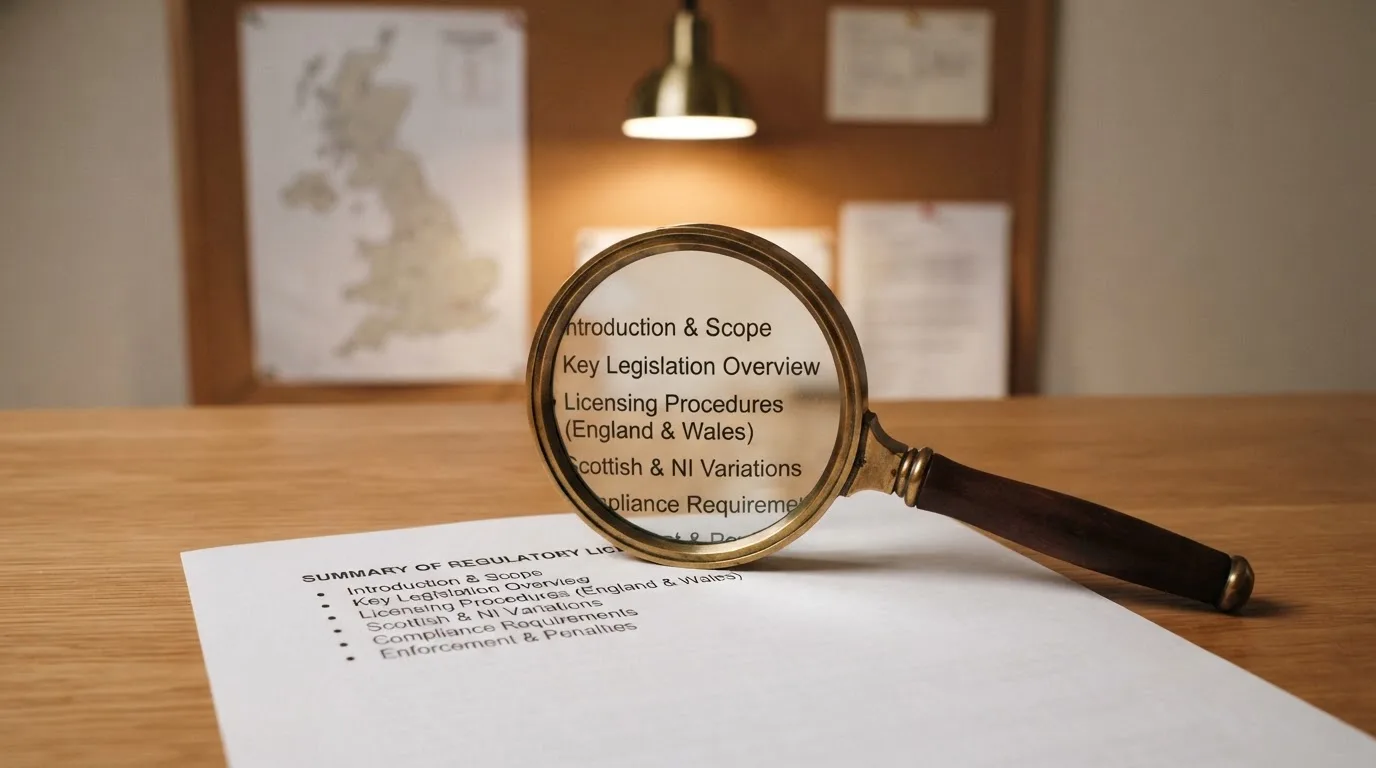 A magnifying glass held over a printed gambling licence certificate on a desk, with a UK map faintly visible in the background